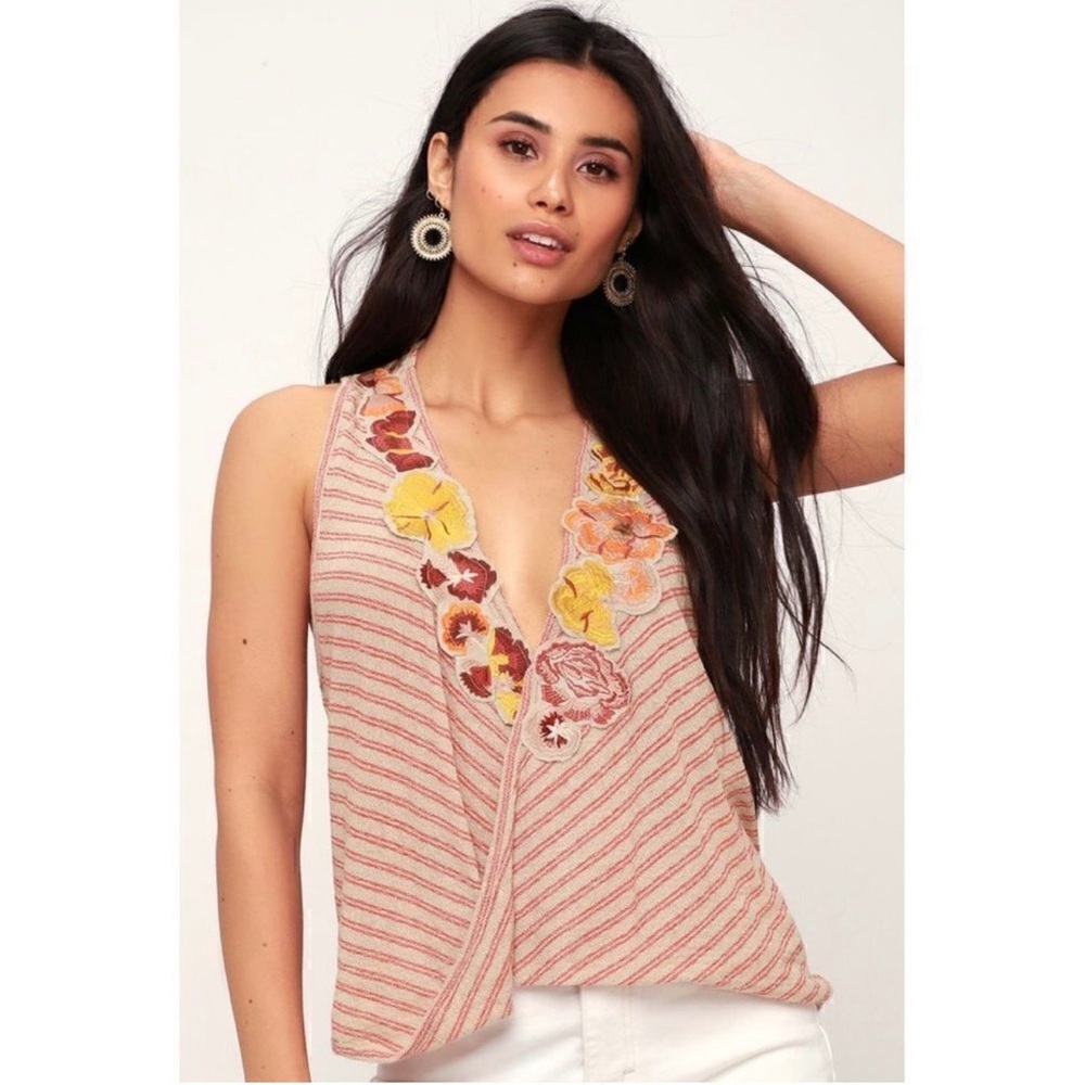 Free People Frida Embroidered Striped floral wrap tank Top in Blush Stripe